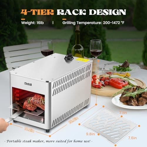 Newhai 1400℉ Propane Steak Broiler Gas Steak Grill for Carnivores Portable Propane Steak Smoker Broiler Stainless Steel Quick Cooking for Outdoor Picnic Beef Chicken Vegetables