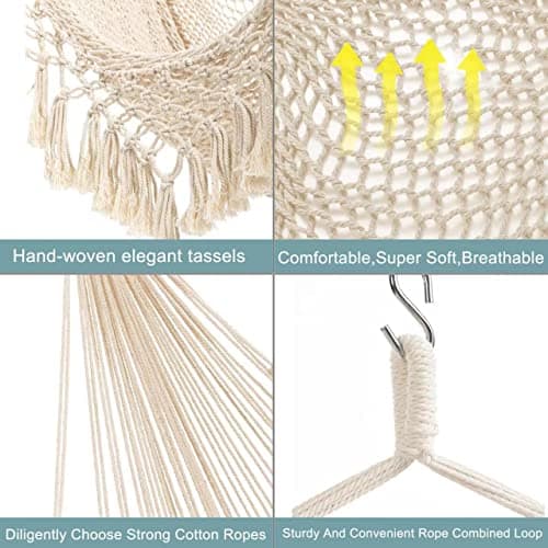 Hammock Chair，Max 330lbs, Large Hanging Chair, Soft Cotton Rope Swing Chair with High Load-Bearing Metal Rod,Indoor Outdoor Garden Yard Living Room Use Beige