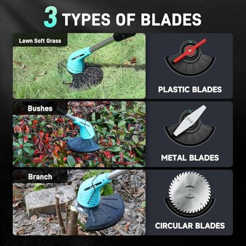 Cordless Lawn Trimmer Weed Wacker - HooSeen 12V Grass Trimmer Weed Cutter with 3 Types Blades, Hand Weeder, 2.0Ah Li-ion Battery Powered Weed Trimmer Grass Cutter for Garden and Yard