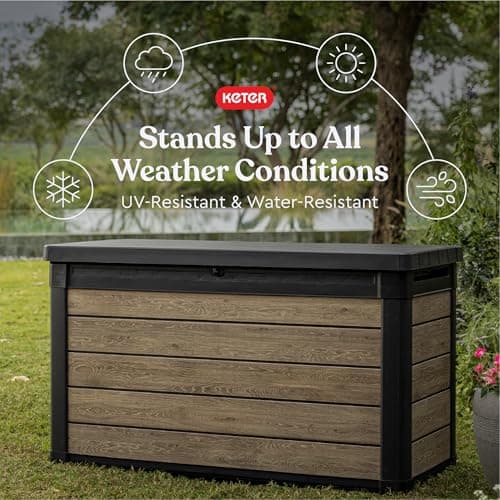 Keter Signature Collection 100 Gallon Resin Deck Box Organization and Storage Box for Patio Outdoor Cushions, Throw Pillows, Garden Tools and Pool Supplies, Ashwood