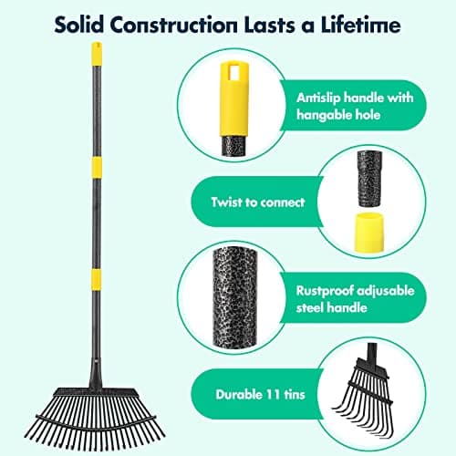 Rake - 65 Inch Long Garden Leaf Rake, 18 Inch Wide Heavy Duty Leaf Rakes for Shrub with 25 Metal Tines,Yard Thatching Rakes with Ergonomics Adjustable Handle for Picking Leaves,Grass Clippings Garbage