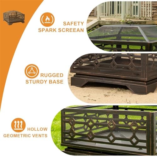 Outdoor Fire Pit, 32 Inch Wood Burning Firepit for Outside with Mesh Cover & Fire Poker, Large Extra Deep Square Metal Fireplace for Patio, Backyard, Camping, Bonfire Party