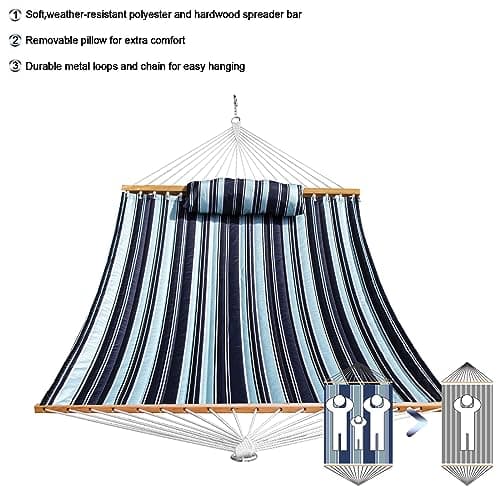 SZHLUX Outdoor Quilted Fabric Hammock with Spreader Bars and Detachable Pillow and Chains,Outdoor Patio Backyard Poolside, 450 LBS Weight Capacity, Catalina Beach