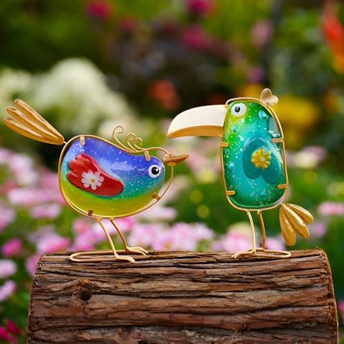 Funny Metal & Glass Bird Decor Set of 3 - Unique Colorful Indoor & Outdoor Garden Statues Whimsical Lawn Decorations Handmade Bird Sculptures Garden Decor for Outside