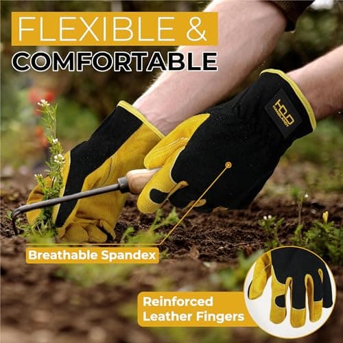 HANDLANDY Men Leather Gardening Gloves, Utility Work Gloves for Mechanics, Construction, Driver, Dexterity Breathable Design