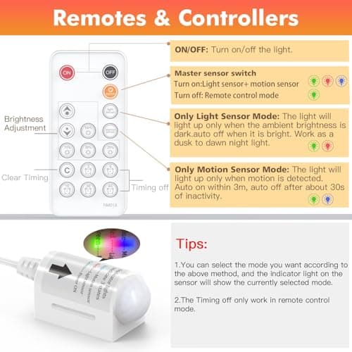 WOBANE LED Strip Lights, Motion Sensor Light Strip with Remote and Adapter, Night Light, Dimmable Function, 16.4ft Tape Lighting for Kitchen, Under Cabinet, Bedroom, Shelf, Bed, 3000K Warm White