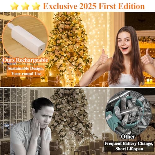 Lipstick Rechargeable Fairy Lights, 1 Pack Twinkle Lights Battery Operated, Mini Indoor LED String Lights with Timer for Vine, Bedroom, Christmas, Parties, Wedding, Decoration (10M/33FT Warm White)