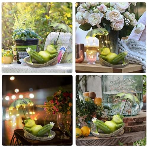 Solar Frog Garden Decor Outdoor Statue - Frogs Umbrella LED Waterproof Sculptures Lights, Cute Frog Pond/Yard Statues Outside Decoration, Home, Lawn, Patio, Resin Animal Ornament, Women/Gardening Gift