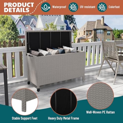 120 Gallon Outdoor Storage Box, Waterproof PE Rattan Deck Box With Wheels, Large Storage Bench for Patio Cushions, Tools, Pool Supplies, Grey