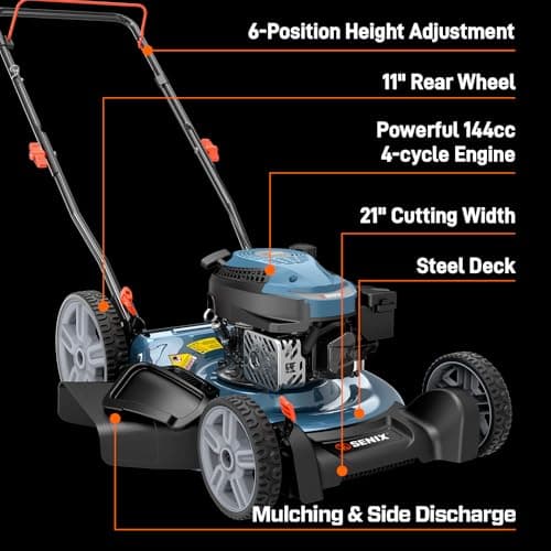 SENIX 144 cc Gas Lawn Mower, 21 inch 2-in-1 Push with Mulching and Side Discharge, 4-Cycle Engine, 6 Position Cutting Height Adjustment for Yard and Garden (LSPG-L6)