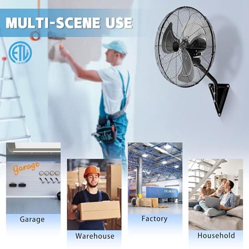 Wall Mount Fan Oscillating,Industrial Heavy Duty Metal 3 Speed Fan,20 Inch High Velocity Adjustable Tilt,Use for Garage, Shop,Warehouse, Patio, Factory and Homes.