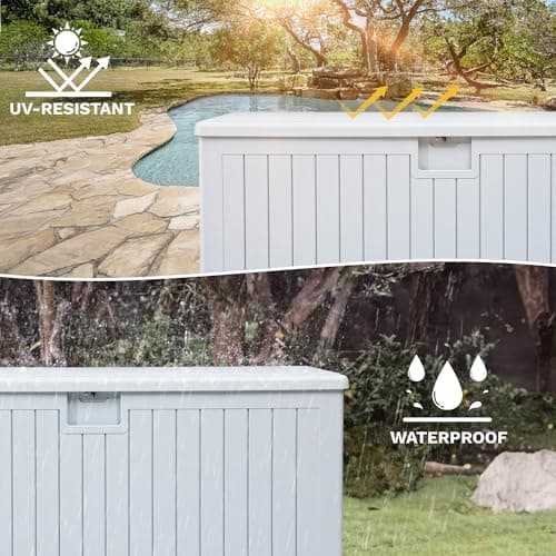 DWVO 230 Gallon Double-Wall Deck Box with Divider, XXL Extra Large Resin Outdoor Storage Box, Lockable & Waterproof, Double as Seating, 1000lbs Capacity (Grayish-White)