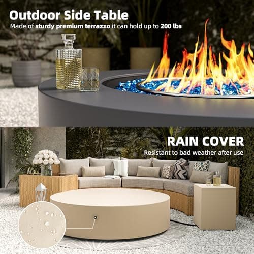 UPHA 42-inch Outdoor Propane Gas Fire Pit Table 50000 BTU Concrete Round FirePit for Outside Patio with Propane Tank Cover, Blue Glass Rocks, Rain Cover, Grey