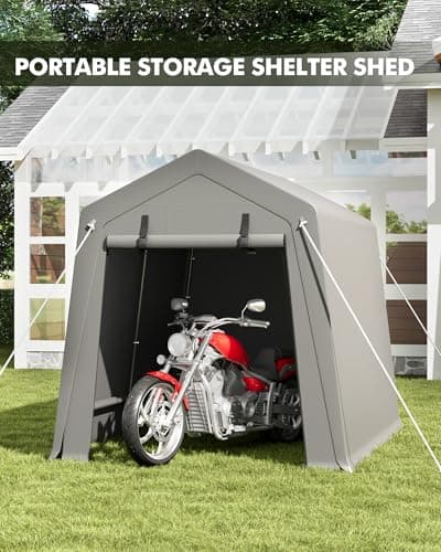 7 x 10 ft Carport Storage Shed, Portable Garage with Roll-up Zipper Door, Heavy Duty Waterproof Tarp, Storage for Motorcycle, Bike, Firewood, Garden Tools