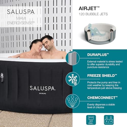Bestway SaluSpa Miami EnergySense AirJet Inflatable Hot Tub Spa (71" x 26") | Portable Hot Tub with 2 Covers (1 Energy-Efficient Thermal Cover and 1 Standard Cover) | Fits Up to 2-4 Persons | Black