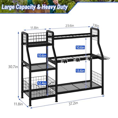keomaisyto Garden Tool Organizer for Garage/Shed, 3 Tier Garage Tool Organizer and Storage Holder with Hooks, Large Garden Tools Tower Rack with Storage Basket for Shed/Yard/Lawn