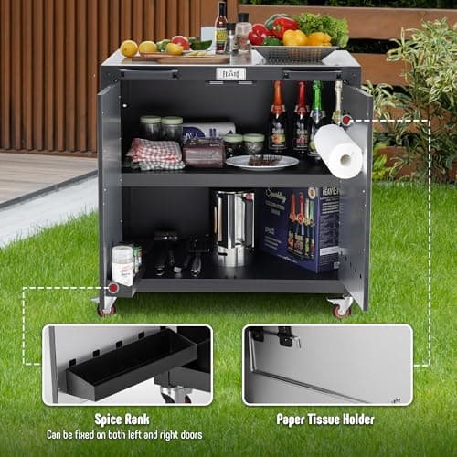 Grill Table, Outdoor Bar Cart Grill Cart with Storage Cabinet,Modular Outdoor Kitchen Island, Outdoor Grill Station with 304 Stainless Steel Top,Pizza Oven Table for Lawn & Garden,L35.4” x W24”
