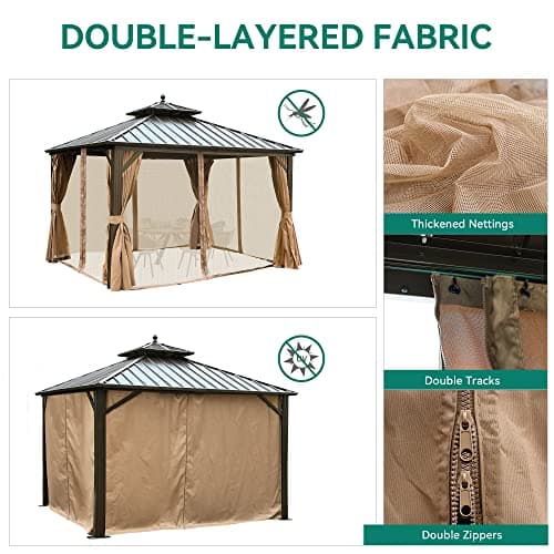 YITAHOME 10x10ft Hardtop Gazebo with Nettings and Curtains, Heavy Duty Double Roof Galvanized Steel Outdoor Combined of Horizontal Vertical Stripes Roof for Patio, Backyard, Deck, Lawn (Bronze)