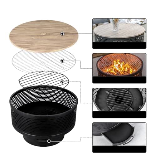 26" Wood Burning Fire Pits with Grill & Lid, Fire Pit Table for Outside with Waterproof Cover & Fire Poker, Outdoor Firepit with Functions for BBQ,Table and Bonfire
