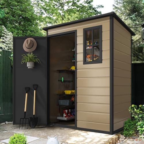 DWVO 5x3 FT Outdoor Storage Shed with Reinforced Floor, All-Weather Resin Storage Shed with Lockable Door & Window, Waterproof Plastic Tool Storage for Garden, Backyard, Patio, Lawn