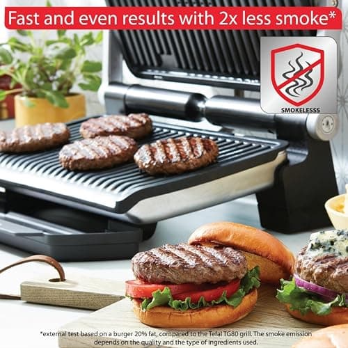 T-Fal OptiGrill Stainless Steel XL Electric Grill 6 Servings 9 Intelligent Automatic Cooking Modes 1800 Watts Nonstick Removable Plates, Dishwasher Safe, Indoor, Frozen Food