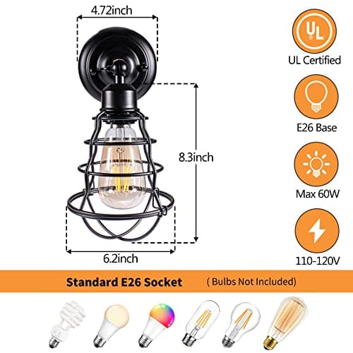 Asnxcju Industrial Wall Sconces Set of Two, Farmhouse Wall Sconce, Vintage Wire Cage Wall Lighting Sconce, Black Wall Lamp Fixture for Bedroom, Headboard, Porch