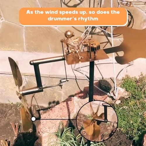 Metal Steampunk Drummer Windmill Garden Decoration - Handmade Outdoor Kinetic Sculpture, Steampunk Yard Art with Rust-Proof Design, Easy Install for Patio, Lawn and Music Lovers (1pcs-a)