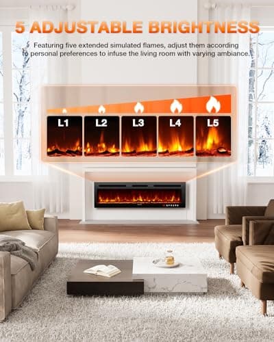 Electric Fireplace 60Inch,Realistic Flame Electric Fireplace Heater,Log Set,Crystal Flames 750-1500W with Timer Inserts,Wall Mounted,TV Stand Touch Screen & Remote for Living Room Easy Install