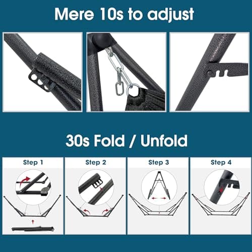 Tranquillo 600 lbs Capacity Adjustable Hammock Stand, Collapsible Camping Hammock and Stand, Steel Double Hammock Stand for 2 Persons, Portable Everywhere Easy Assembly Non-Slip and Noise-Free, Black