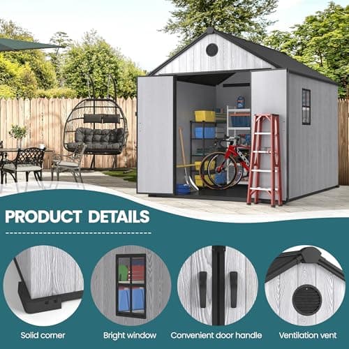 8 x 8 FT Resin Storage Shed Outdoor Storage Shed Storage Sheds Outdoor with Floor, Side Window, Plastic Shed with Lockable Door, Front Rear Vents for Backyard, Garden, Patio (8x8 FT)