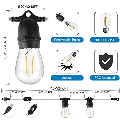 24.6Ft USB Powered Outdoor String Lights with 10 pcs Waterproof & Shatterproof S14 LED Bulbs, Lightweight Dimmable Garden Festoon String Lights for Camping BBQ Christmas Party