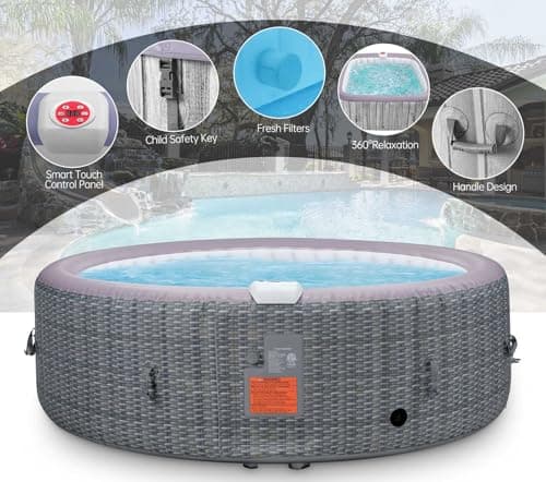 82" Inflatable Hot Tub with 130 Bubble Jets, Rattan Portable Outdoor Spa for 4-6 Adults, Smart Heating up to 104°F, Build in FastFill System, 6 Replaceable Filters (Round Laminated PVC)