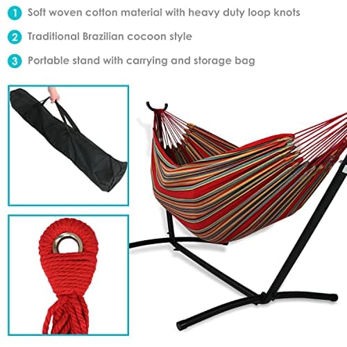 Sunnydaze Double Brazilian Hammock with Stand and Carrying Case - 400-Pound Capacity - Black Stand - Sunset