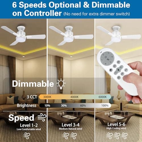 32" Ceiling Fans with Light and Remote, Energy Saving Super Quiet 6-Speed Ceiling Fan with 3CCT Dimmable Light for Indoor and Outdoor, Reversible, White and Wood