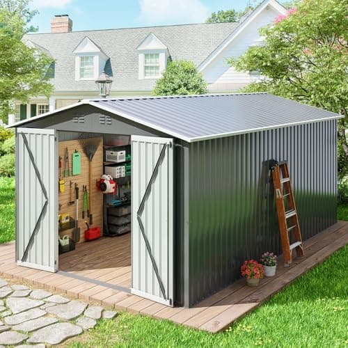 10 x 12 FT Outdoor Storage Shed, Large Metal Tool Sheds with Updated Frame Structure and Lockable Doors, Garden Shed for Backyard Garden Patio Lawn, Grey