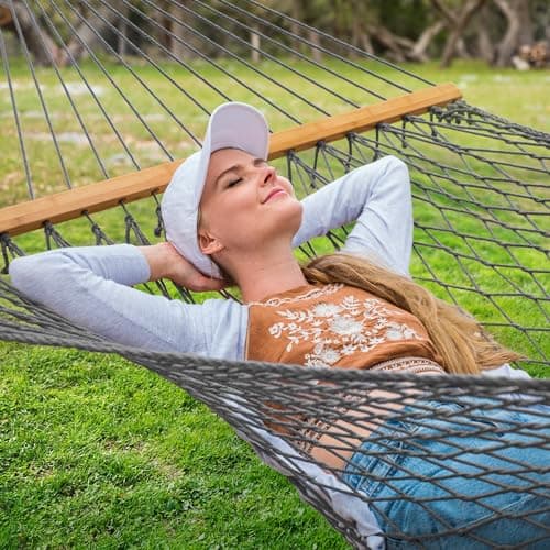 SUNCREAT Double Outdoor Hammock, Polyester Rope Hammock with Strong Spreader bar, Gray