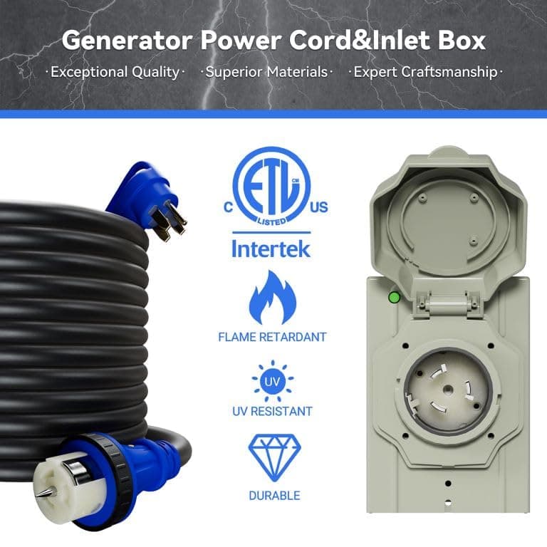 50AMP 15FT Generator Cord with Pre-Drilled Power Inlet Box, 125V/250V NEMA 14-50P to SS2-50R, STW 6/3+8/1 AWG Generator Cord and Twist Locking with Inlet Box, Waterproof Combo Kit, UL&ETL Listed