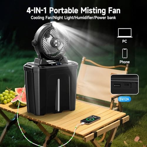 Portable Misting Fan - 11L Bucket, 20000mAh Rechargeable Battery Powered Fans for Patios, Outdoor Fans with Night Light, 3 Wind Speed & 4 Spray Mister Camping Cooling Fan, Waterproof Design