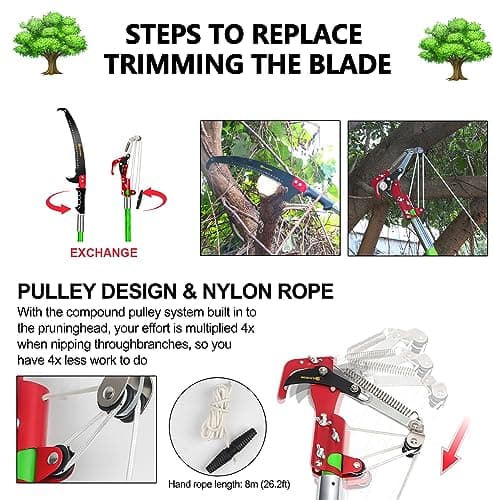 7-27 Feet Extendable Pole Saw for Tree Trimming – Manual Branch Trimmer with Long Handle, Storage Bag, and Green Design – Perfect for Pruning and Cutting High Branches.