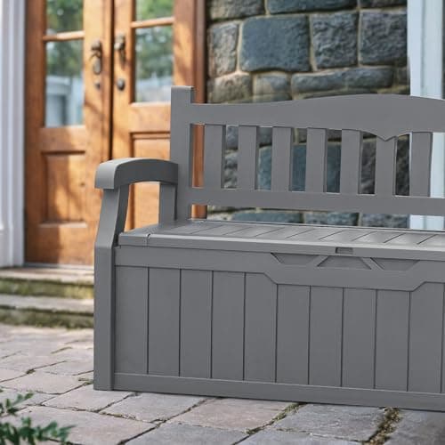 Devoko 80 Gallon Storage Bench Deck Box Lockable for Patio Furniture, Garden Decor and Outdoor Seating for Cushions, Garden Tools and Pool Supplies (Grey)