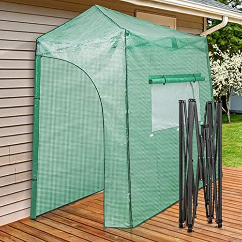 EAGLE PEAK 9x4 Lean-to Portable Walk-in Greenhouse, Pop-up Indoor Outdoor Garden Green House, Zippered Doors and Window, PE Cover, Green