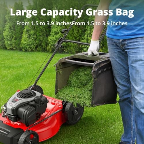 PowerSmart 21-Inch Gas Self-Propelled Lawn Mower, 140cc 4-Stroke B&S Engine, 3-in-1 Function (Mulching, Bagging, Rear Discharge), 6 Height Settings, 10" Rear Wheels, 1.4 Bushel Grass Bag