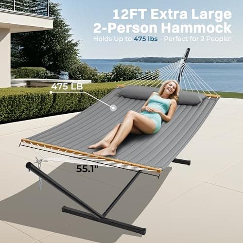 SUPERJARE Hammock with Stand, 2 Person Quilted Outdoor Hammock, Detachable Pillow & Bamboo Spreaders, Portable Hammock with Carrying Bag, Heavy Duty Stand, Perfect for Outside, Patio, Gray