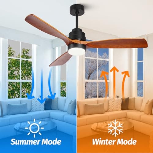 Wood Ceiling Fan with Light,Energy Saving,Ultra-Quiet DC Motor,3 Blades,6 Speed,Outdoor/Indoor Ceiling Fan for Patio,Deck,Porch,Bedroom,Living Room,Brown Walnut