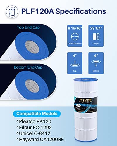POOLPURE PLF120A Pool Filter Replaces Hayward C1200, CX1200RE, Pleatco PA120, Ultra-B2, Unicel C-8412, Filbur FC-1293, Clearwater II 125, Waterway Pro Clean PCCF-125, L x OD:23 1/4" x 8 15/16"