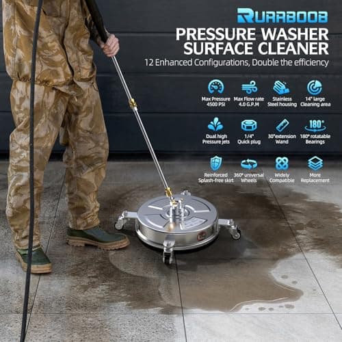 14" Pressure Washer Surface Cleaner 4500 PSI with 304 Industrial-Grade Stainless Steel Housing,1/4” Quick Plug, 4 Universal Wheels, 2 x 15 Extended Wands, 2 Replacement Nozzles, 4 Spray Nozzle Tips