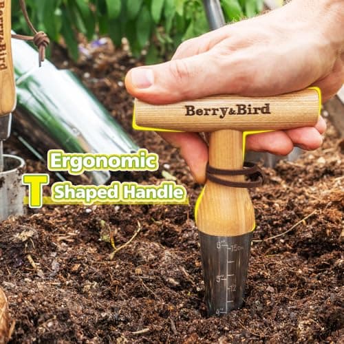 Hand Dibber – Precision Wood Handle Garden Hole Punch Dibbler Tool for Planting Seeds & Bulbs with 6'' Measuring Scale, Bulb Planter for Planting Flowers Tulips Daffodils Dahlias