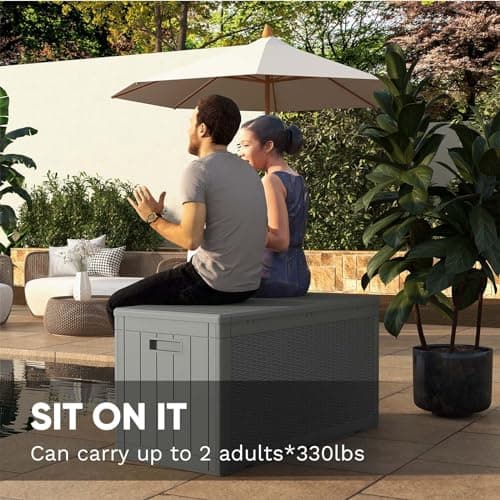 Patiowell 100 Gallon Resin Deck Box, Waterproof Large Outdoor Storage Box for Patio Furniture and Garden Tools, Grey