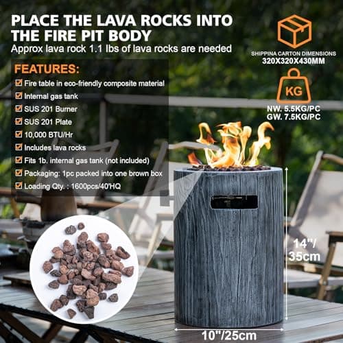 CHANGE MOORE Propane Fire Pit, Composite Materials 10-inch FirePit Table Round Base, Fire Water Resistant Anti-Freezing 10,000 BTU, Free Lava Rocks, CSA Certified Fire Pits for Patio Garden Outdoor