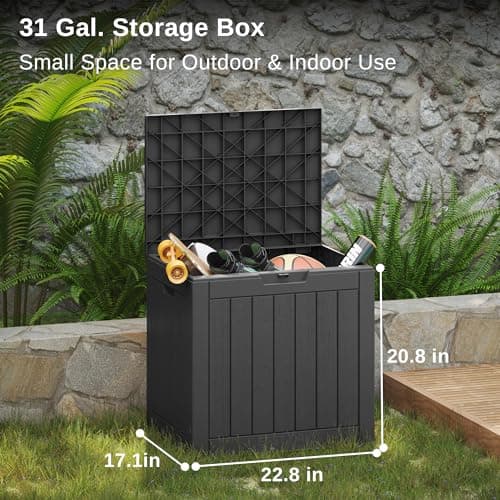 EAST OAK Outdoor Storage Box, 31 Gallon Deck Box, Waterproof Resin Storage Bin for Patio Cushions, Gardening Tools, Pool Accessories, Lockable, UV Resistant, Black